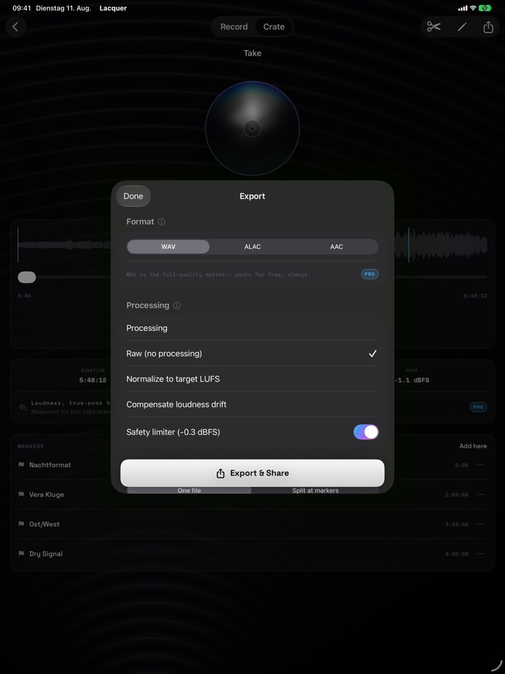 Export on iPad — format, loudness, slicing